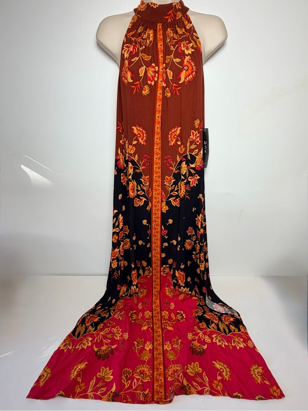 MSK Brown Black Pink Orange Floral Halter Tie Neck Maxi Dress Women Size L Rayon